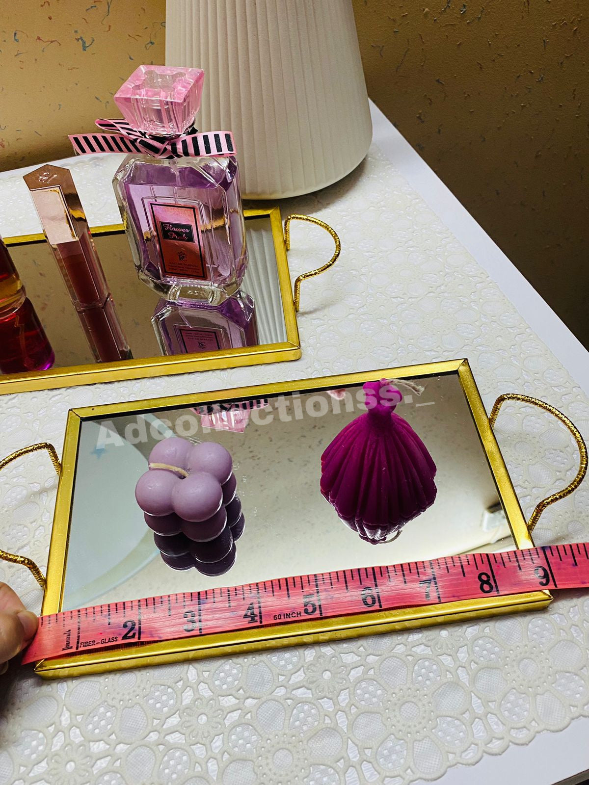 Square Gold Metal Textured Mirror Perfumes Skincare Makeup Vanity Tray