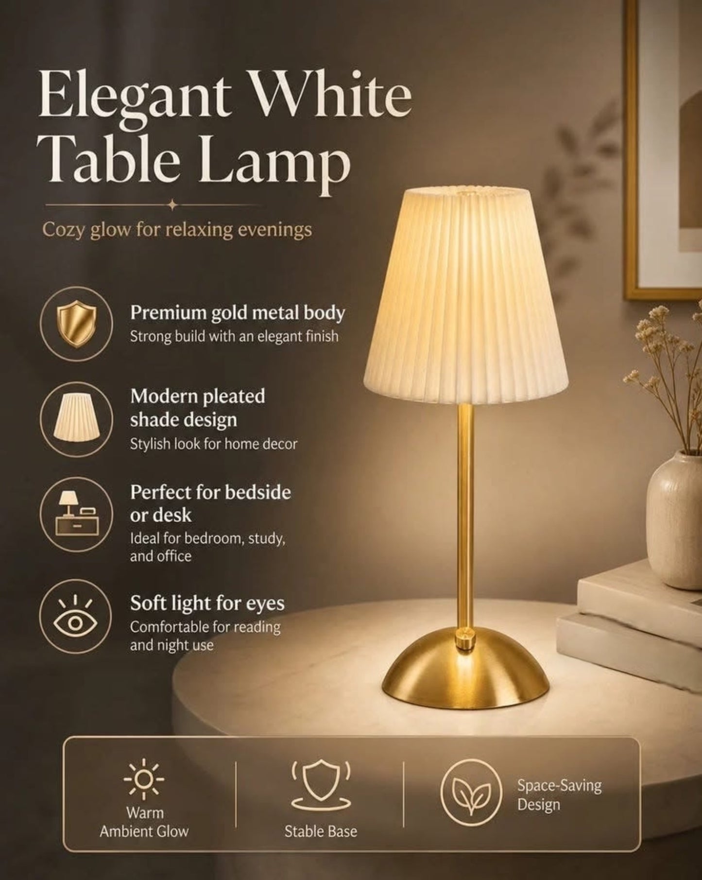 Metal Base Pleated Desk Touch Lamp with Three Modes of Light