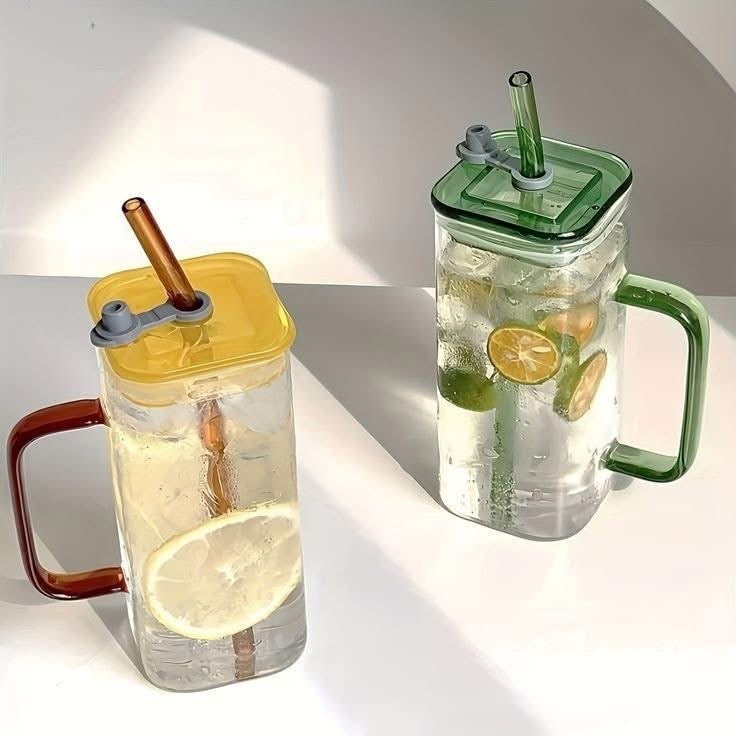 Square Coffee Drinking Glass with Lid & Straw