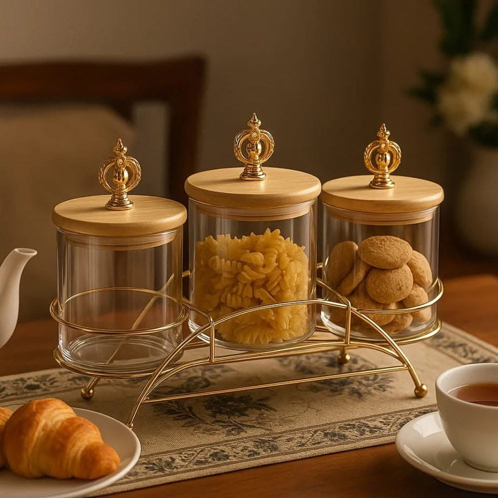 3 Pcs Glass Jar Set with Golden Metal Stand