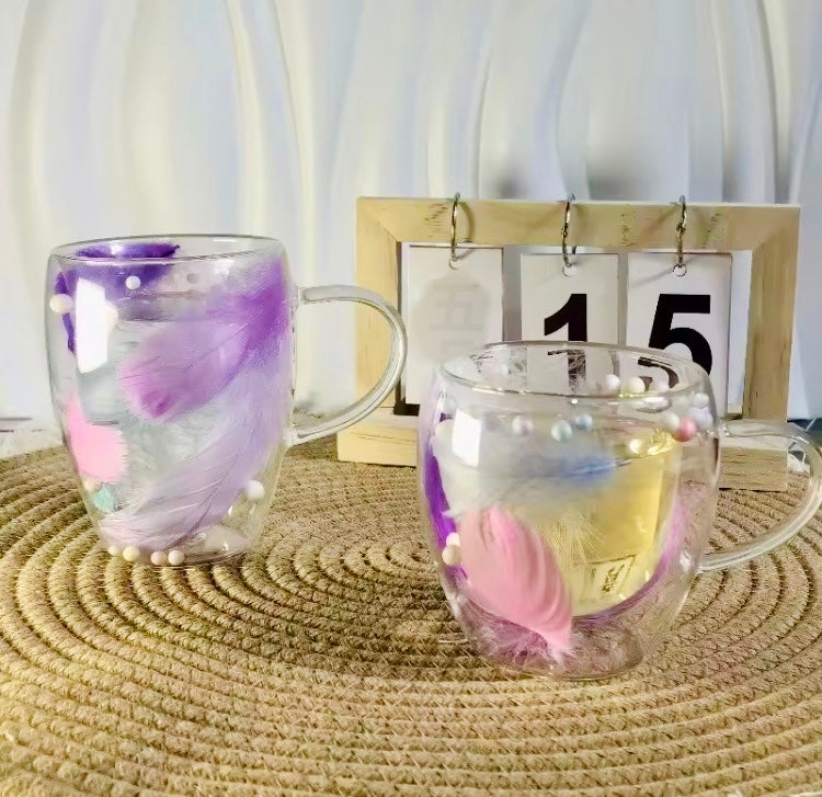 Double Wall Heat Resistant Feather Design Coffee Mug