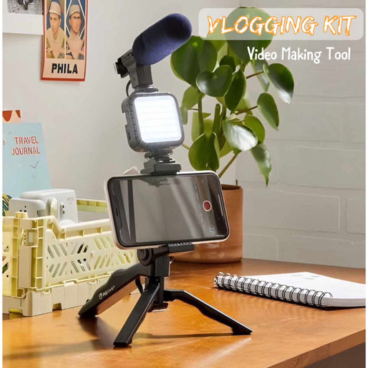 4 in 1 Vlogging Kit Includes Mic, Light, Tripod & Remote