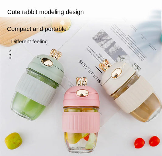 Rabbit Cup Portable Thick Glass Summer Drinking Cup With Lid & Straw