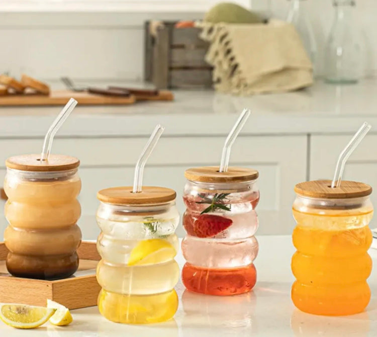 Spiral Aesthetic Coffee Glass with Bamboo Lid & Straw