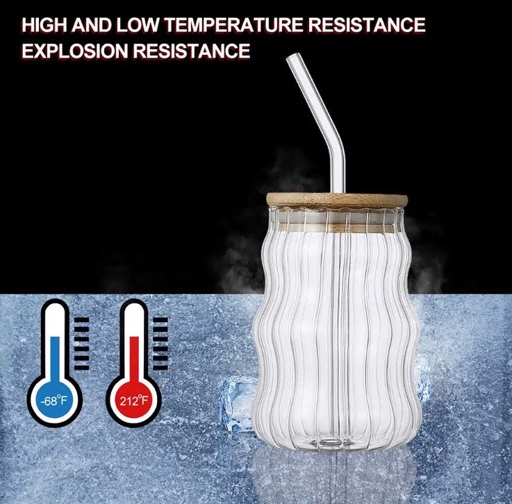 500ml Striped Aesthetic Coffee Glass with Lid & Straw