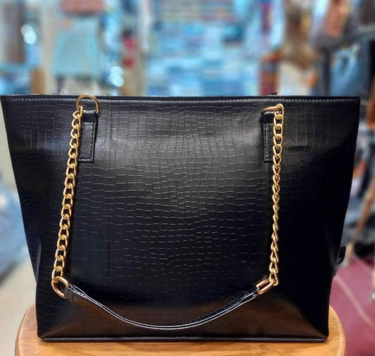 Black Large Size Capacity Tote Bag with Gold Chain