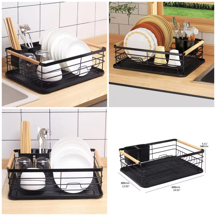 Kitchen Dish Drain Rack with Wooden Handles