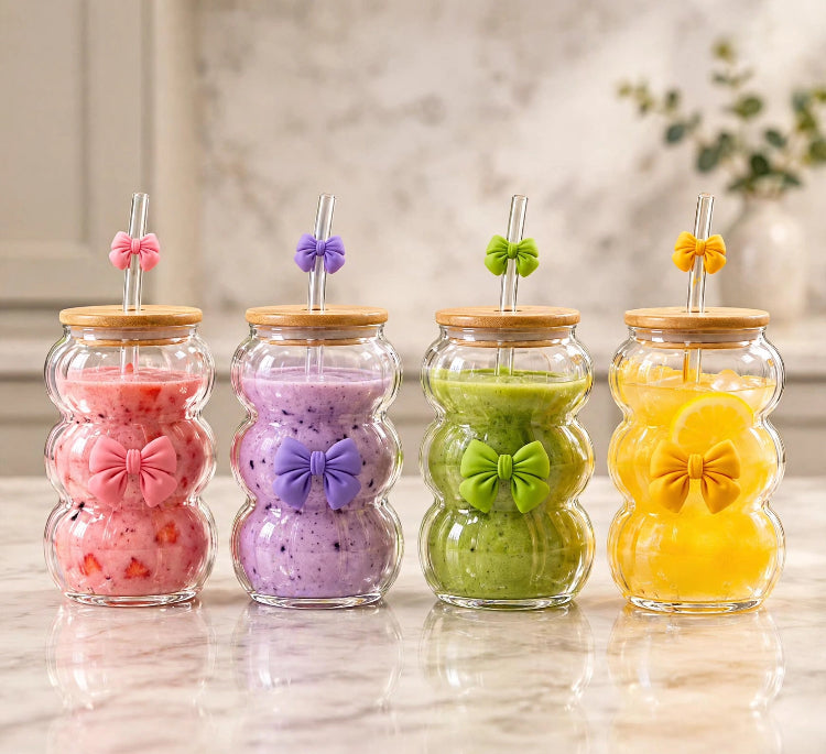 450ml Smoothies Coffee Glass with Bamboo Lid, Bow & Straw