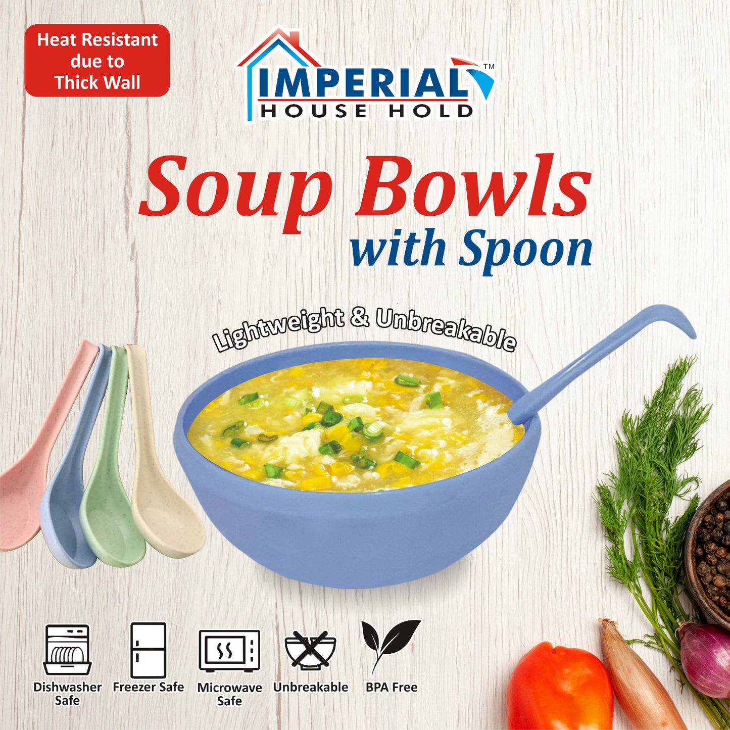 Heat Resistant Pack of 4 Soup Bowls with Spoons