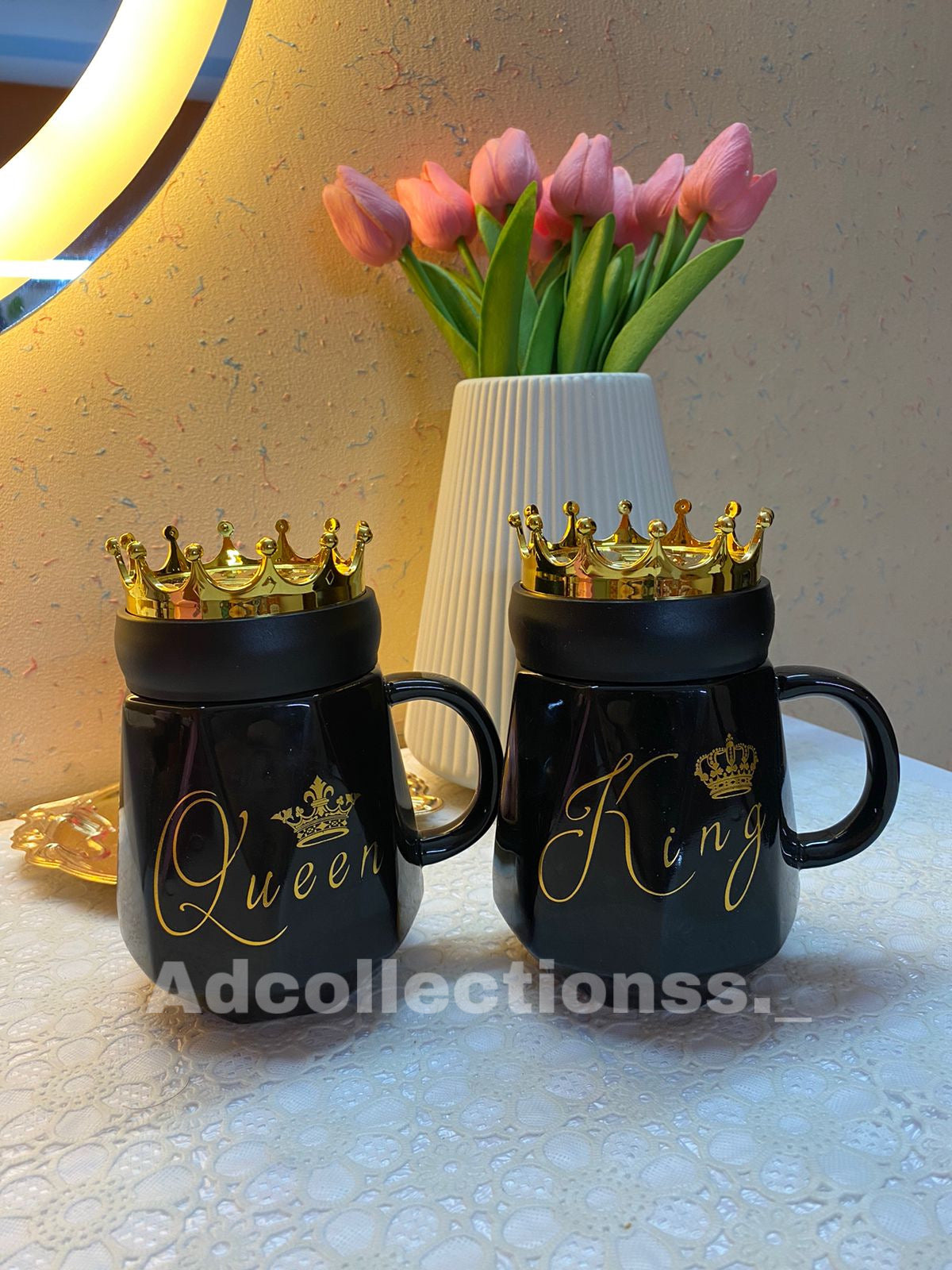 New King & Queen Crown Couple Mugs Set With Gift Box Packaging