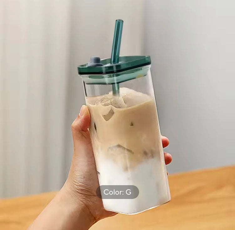 400ml Square Coffee Glass with Lid and Glass Straw