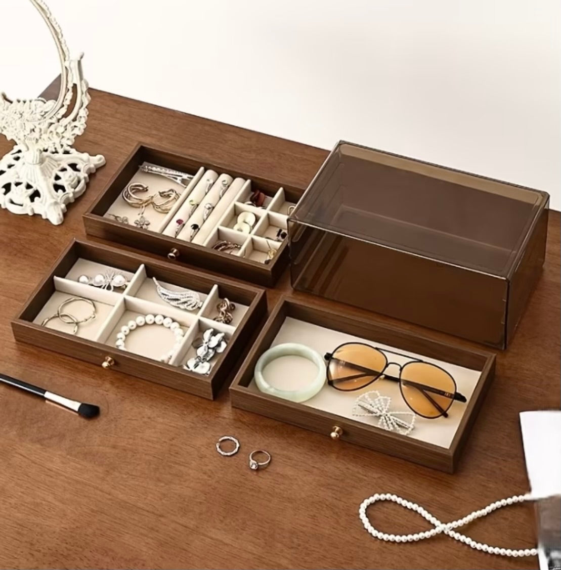 Wooden Dustproof 3 Layer Jewellery Organizer