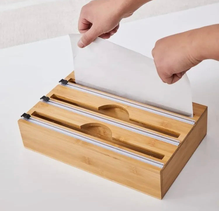 Wooden Wrap Dispenser with Cutter Plastic, Wax & Foil Paper