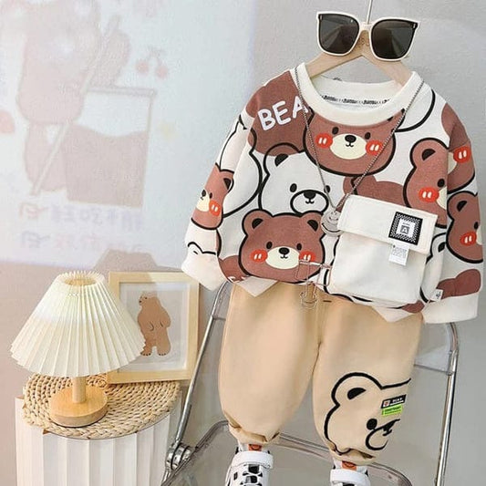 Kids Cute Bear Winter Double Fleece Sweatshirt & Trouser