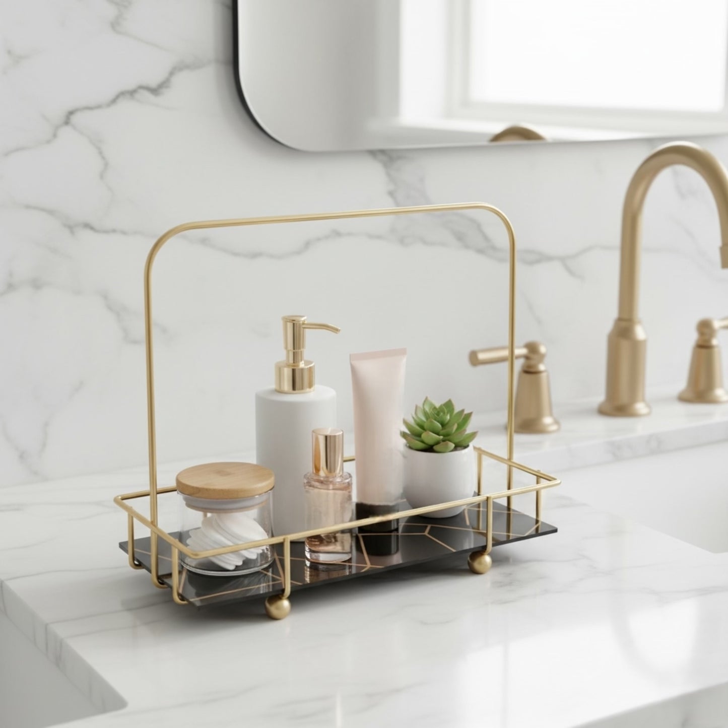 Marble Printed Cosmetics Perfumes Gold Vanity Rack Organizer