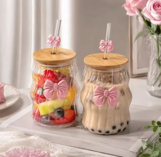 Aesthetic Bow Coffee Glass with Bow Straw & Lid