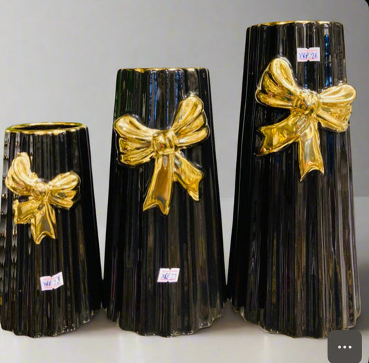 3 Pcs Black with Gold Bow Flower Vases for Decor