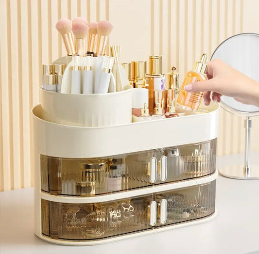 Cream Style Cosmetics Makeup Organizer with Rotating Brush Holder