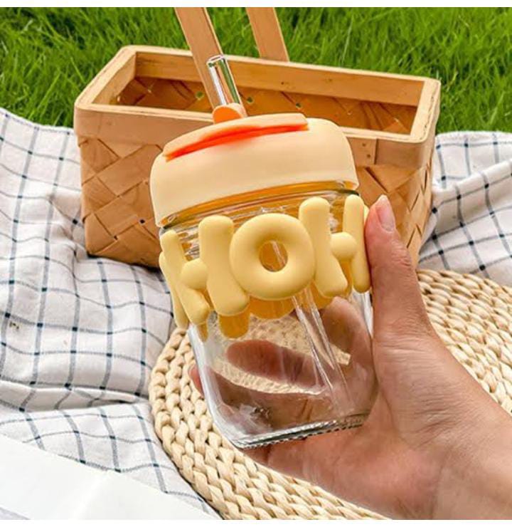 350ml Cute Cup Glass with Lid Straw Double Drinking Glass