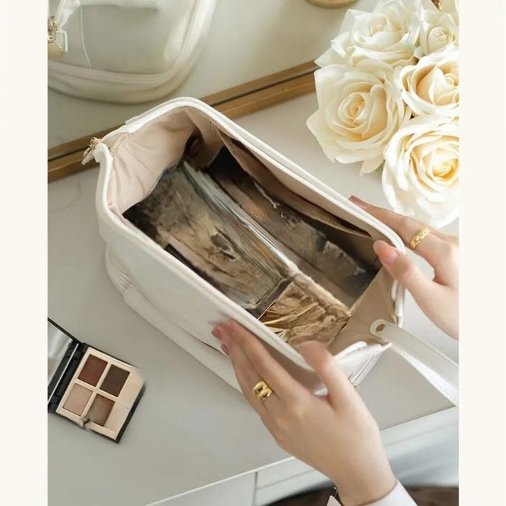 Large Capacity Double Zip Leather Makeup Bag