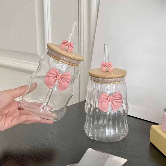 Aesthetic Bow Coffee Glass with Lid & Straw