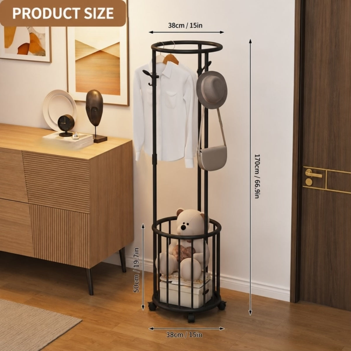 Corner Clothes Rack with Storage Basket & Moveable Wheels