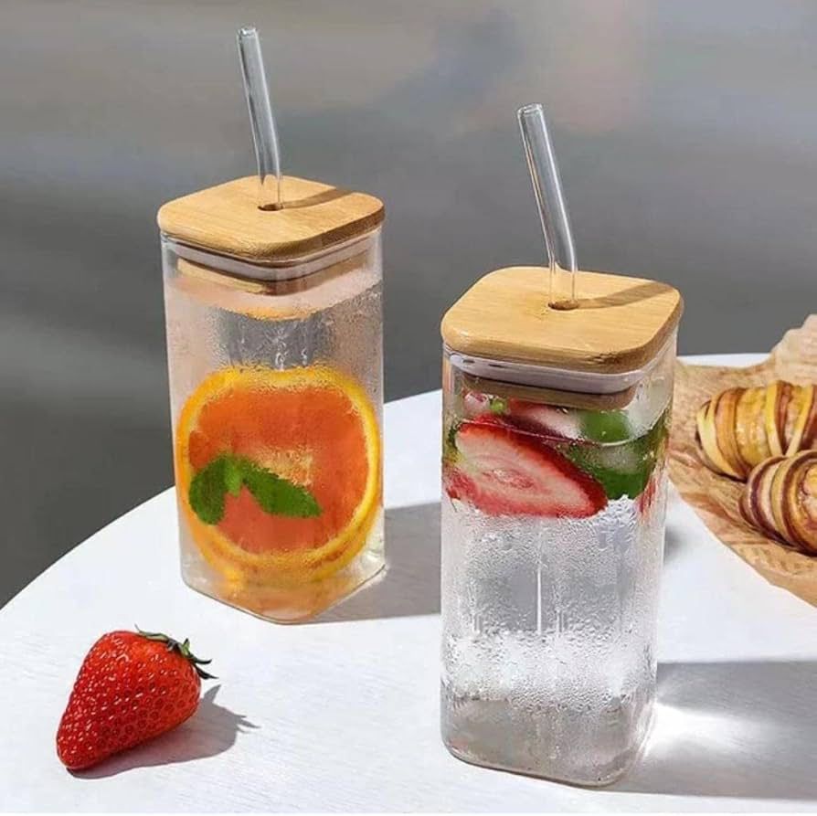 400ml Square Coffee Glass with Wooden Lid and Glass Straw