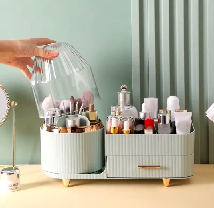 360 Rotating Cosmetics Storage Brushes Organizer with Drawer & Dustproof Lid