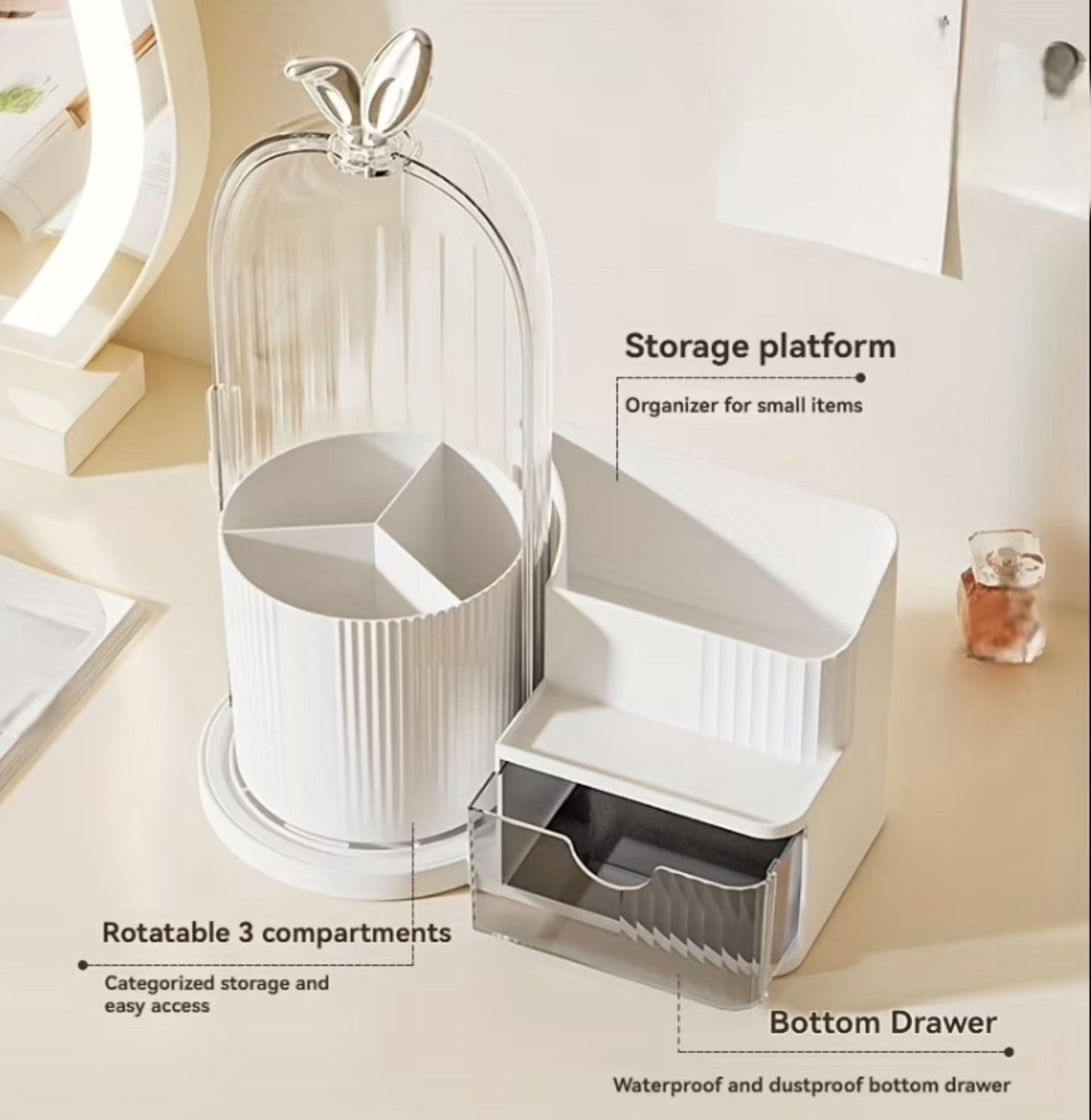 360 Rotating Brushes Holder with Cosmetics Organizer and Drawer