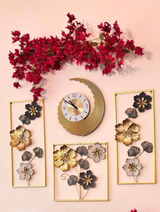 3 Pcs Metal Wall Motifs and Wall Hanging Clock Set for Home Decor