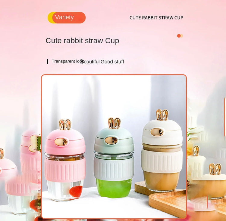 Rabbit Cup Portable Thick Glass Summer Drinking Cup With Lid & Straw