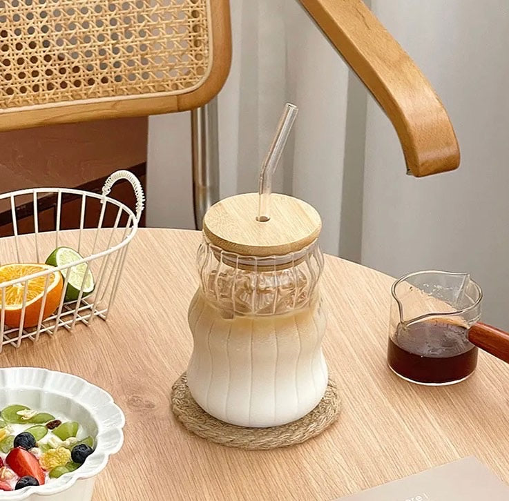 500ml Striped Aesthetic Coffee Glass with Lid & Straw