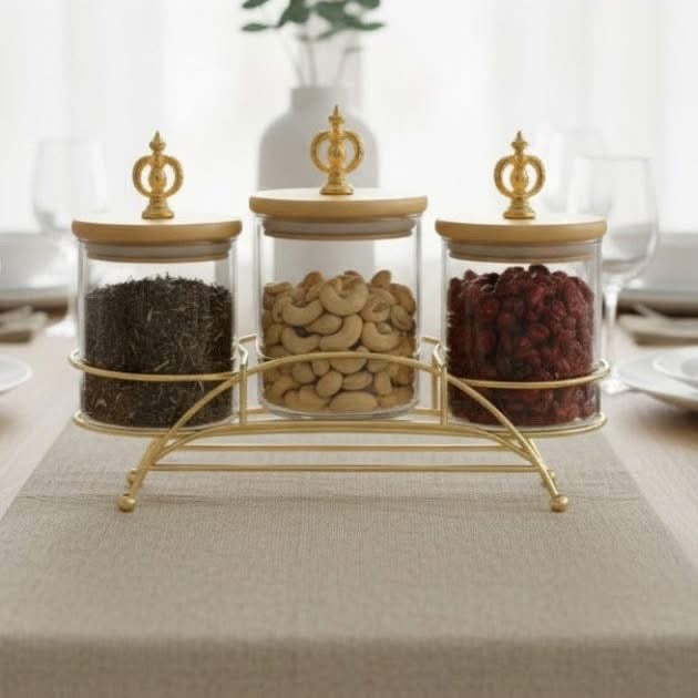 3 Pcs Glass Jar Set with Golden Metal Stand