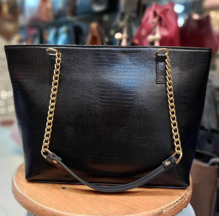 Black Large Size Capacity Tote Bag with Gold Chain