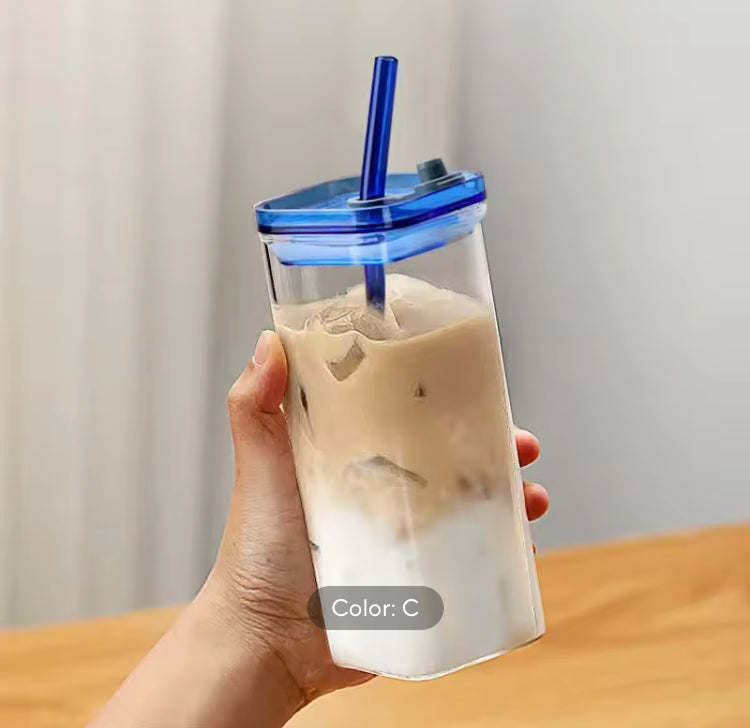 400ml Square Coffee Glass with Lid and Glass Straw