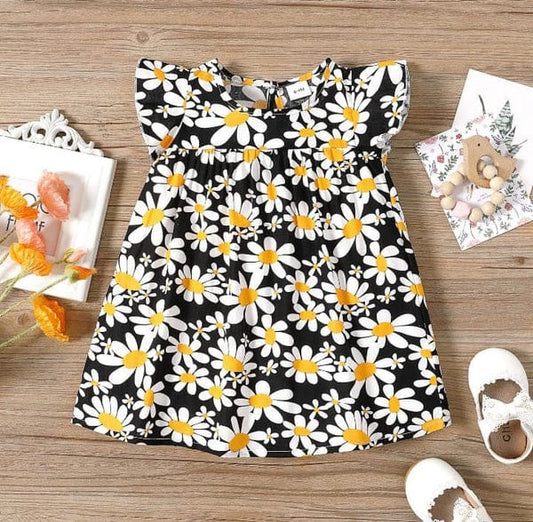 Girls Short Sleeves Floral Printed Frock