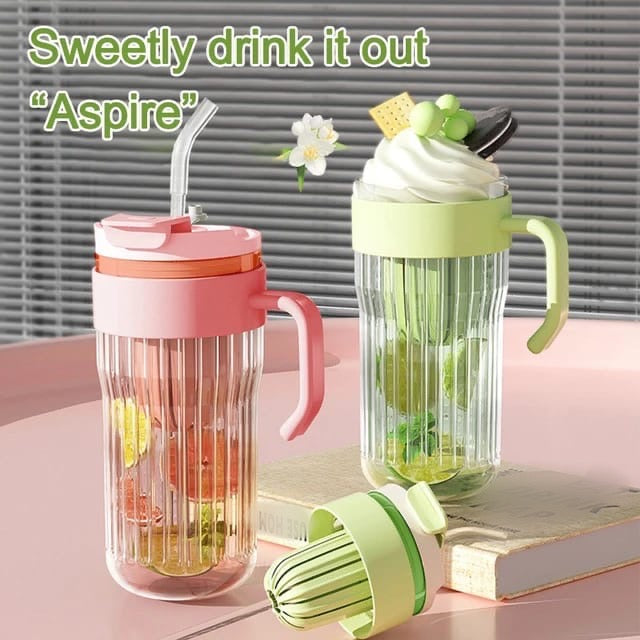 550ml Stripe Coffee Glass with Straw, Stainer Closure