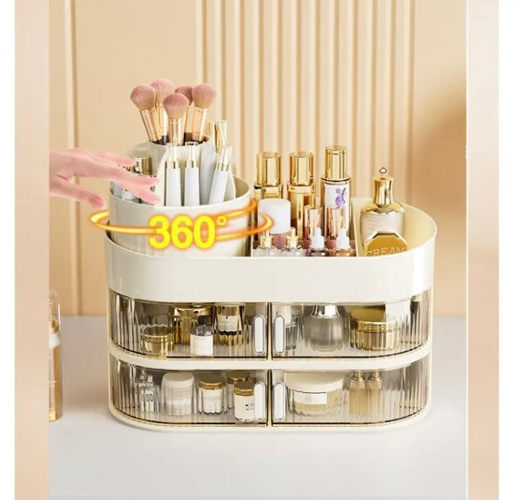 Cream Style Cosmetics Makeup Organizer with Rotating Brush Holder