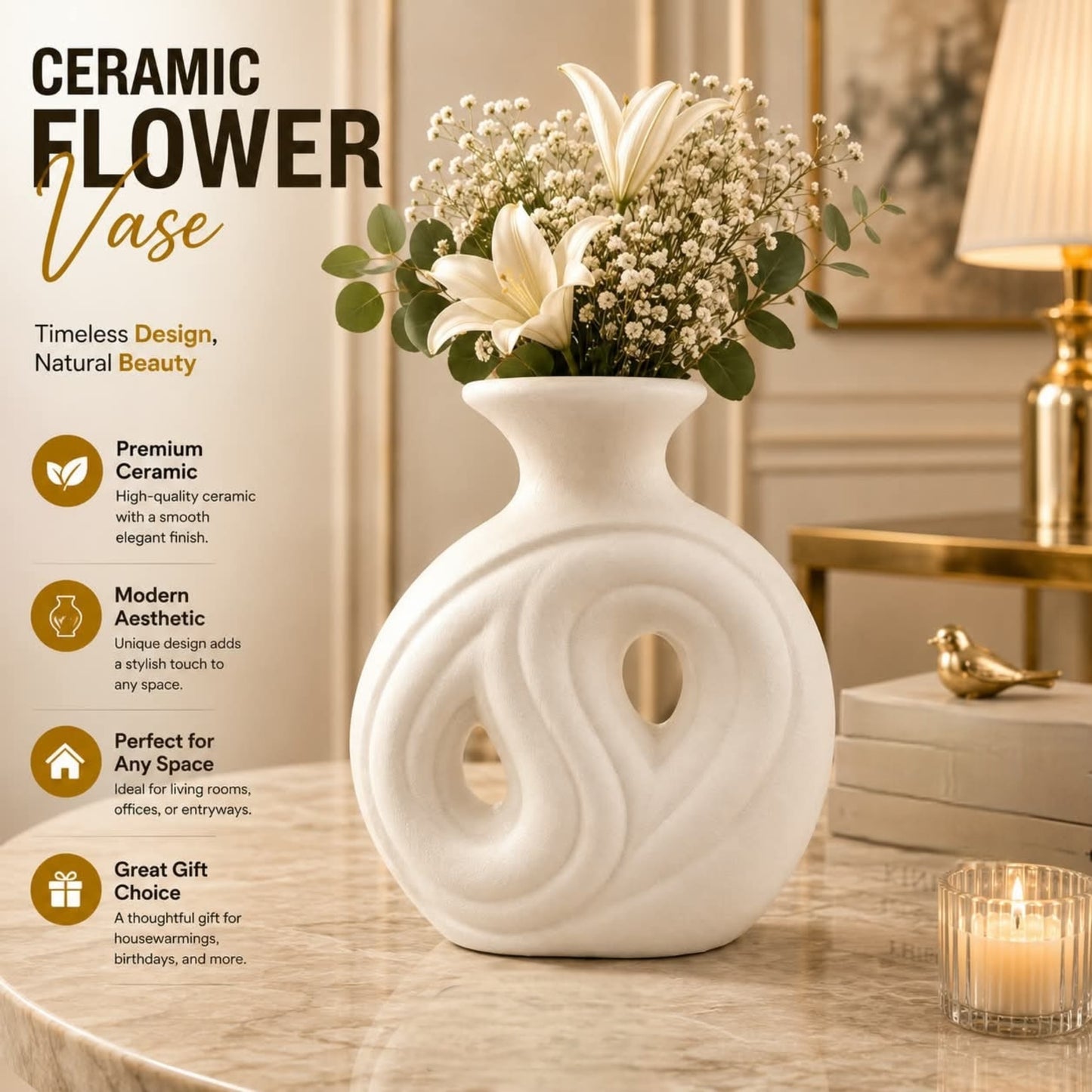 Ceramic White Flower Design Vase for Home Decor
