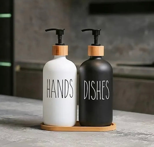 Modern Soap Dispenser Set for Hands & Dishes with Bamboo Tray