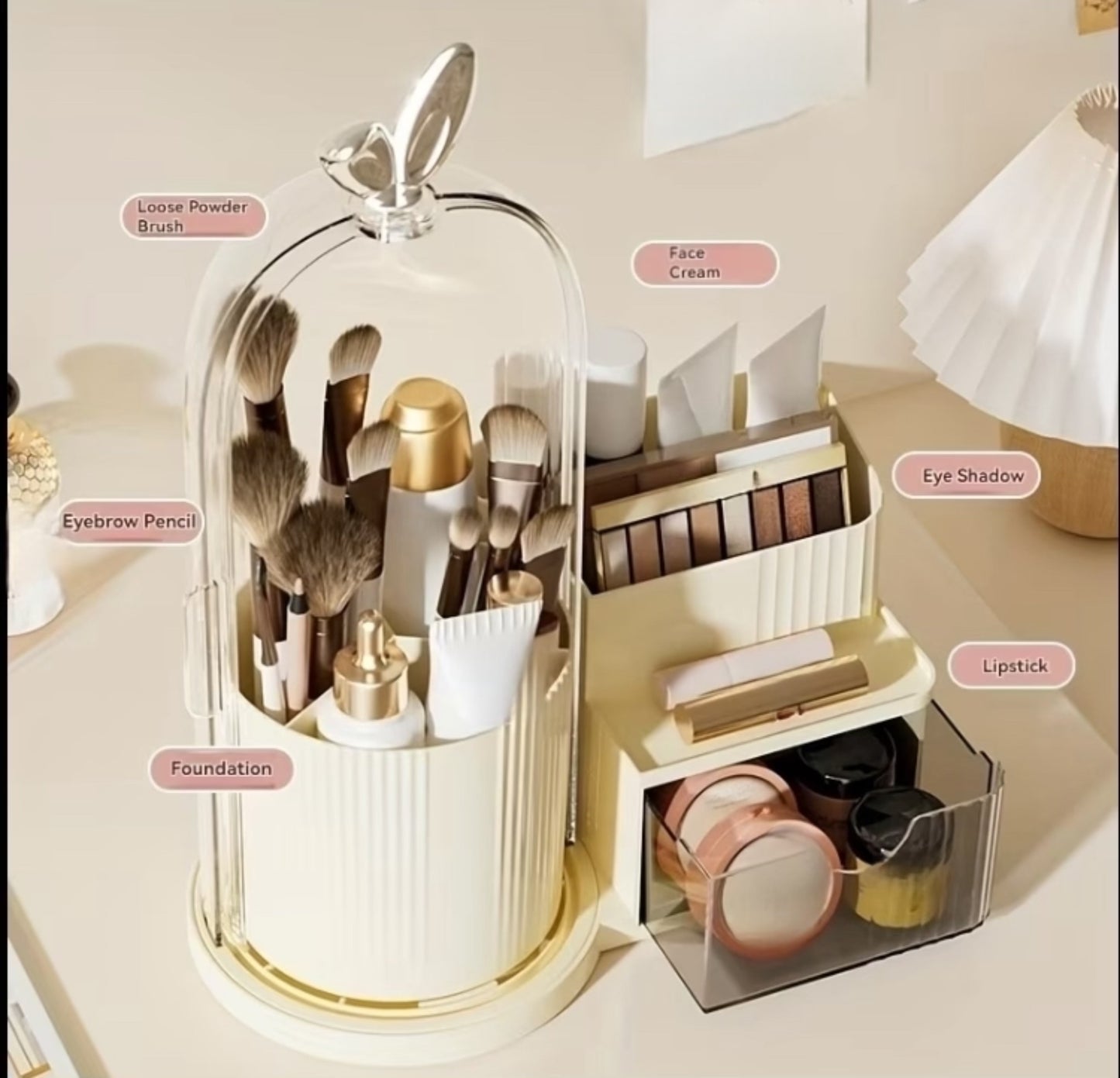 360 Rotating Brushes Holder with Cosmetics Organizer and Drawer