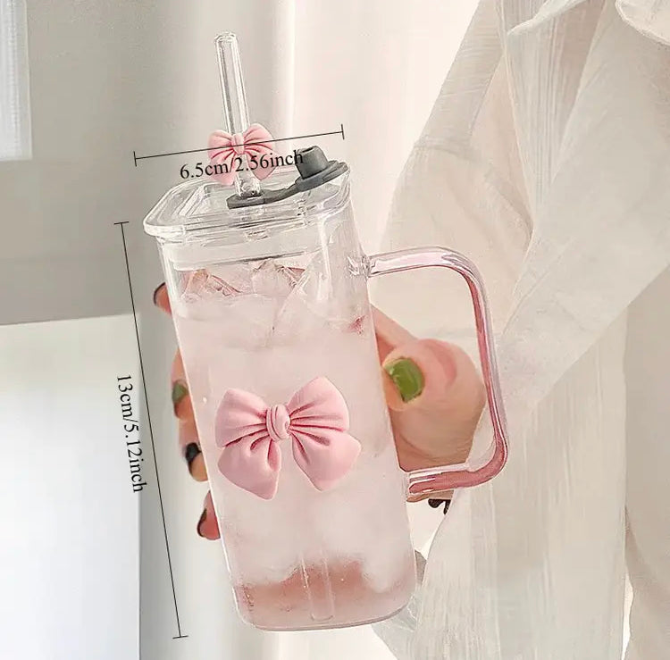400ml Cute Bow Coffee Glass with Handle, Straw & Lid