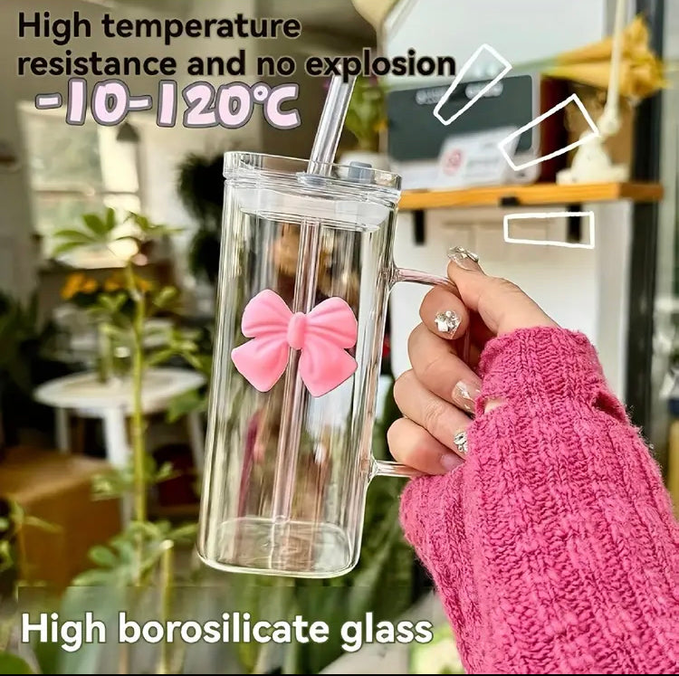 400ml Cute Clear Bow Coffee Glass with Lid & Straw