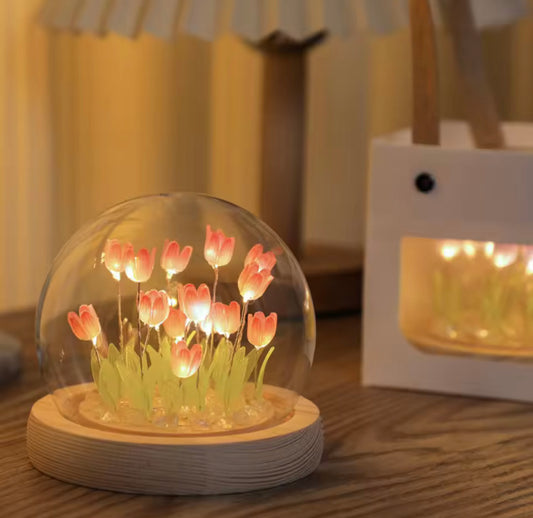 Tulip Flower Night Light Lamp with Wooden base for Home Decoration