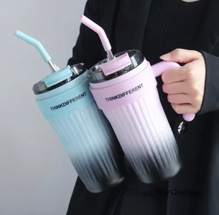 860ml Gradient Colour Stainless Steel Coffee Mug with Straw