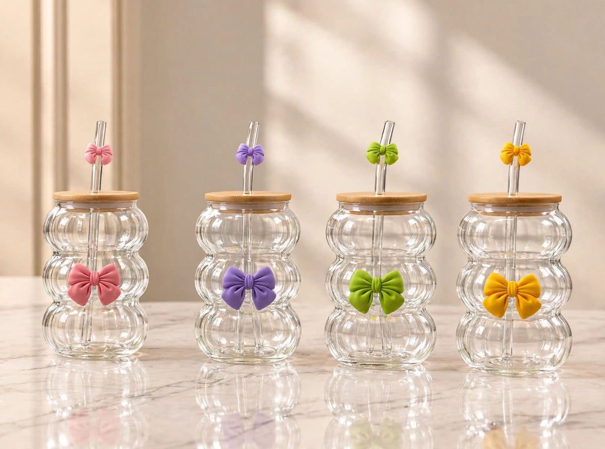 450ml Smoothies Coffee Glass with Bamboo Lid, Bow & Straw