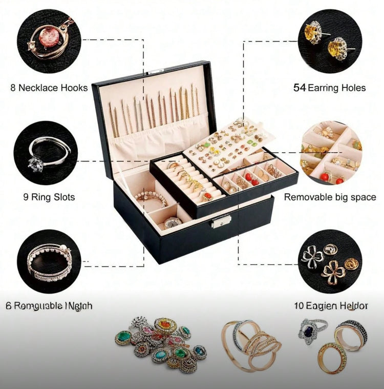 Large Capacity Double Layer Leather Jewellery Organizer with Lock System