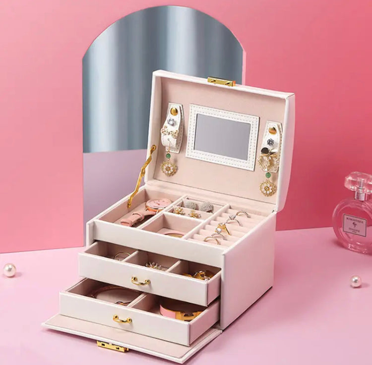 Three Layer Mirror Leather Jewellery Box Imported High Quality