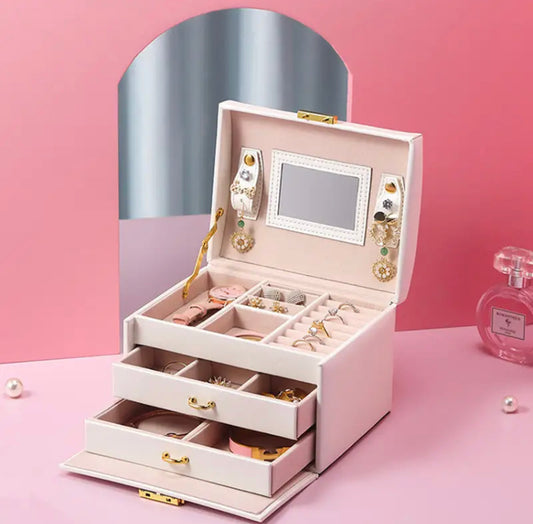 Three Layer Mirror Leather Jewellery Box Imported High Quality