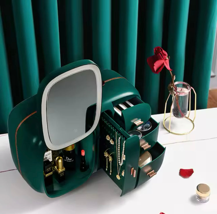 Luxury Makeup Mirror + Cosmetics Makeup Organizer with USB Charging